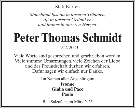 Anzeige  Peter Thomas Schmidt  Lippische Landes-Zeitung