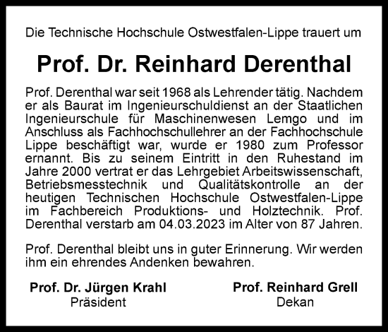 Anzeige  Reinhard Derenthal  Lippische Landes-Zeitung