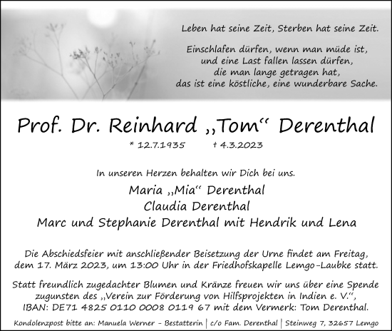 Anzeige  Reinhard Derenthal  Lippische Landes-Zeitung