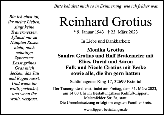 Anzeige  Reinhard Grotius  Lippische Landes-Zeitung