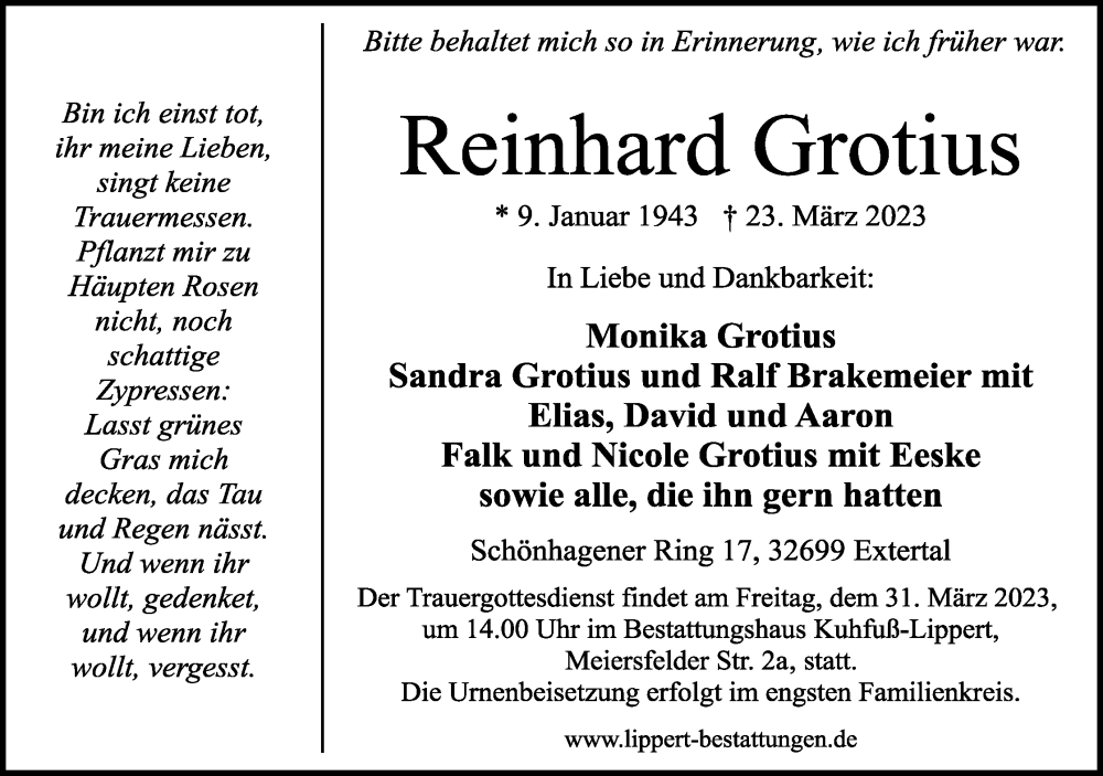  Traueranzeige für Reinhard Grotius vom 25.03.2023 aus Lippische Landes-Zeitung