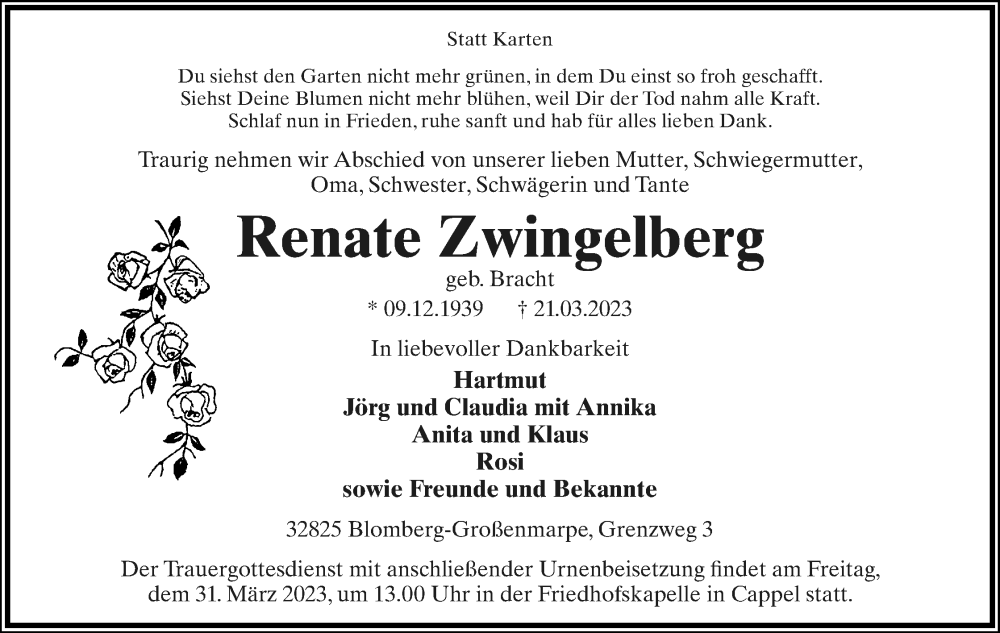  Traueranzeige für Renate Zwingelberg vom 25.03.2023 aus Lippische Landes-Zeitung