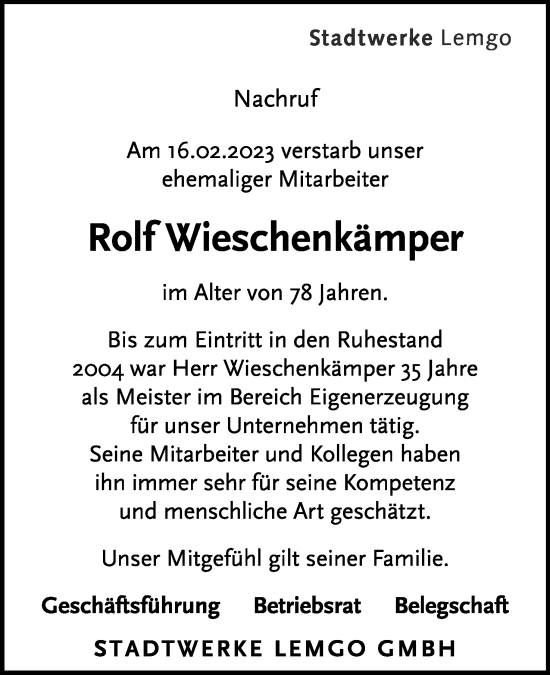 Anzeige  Rolf Wieschenkämper  Lippische Landes-Zeitung