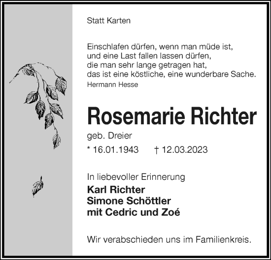 Anzeige  Rosemarie Richter  Lippische Landes-Zeitung