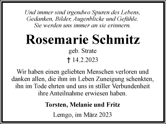Anzeige  Rosemarie Schmitz  Lippische Landes-Zeitung