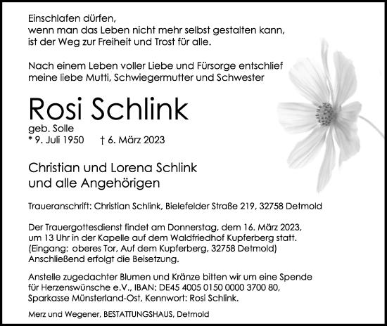 Anzeige  Rosi Schlink  Lippische Landes-Zeitung