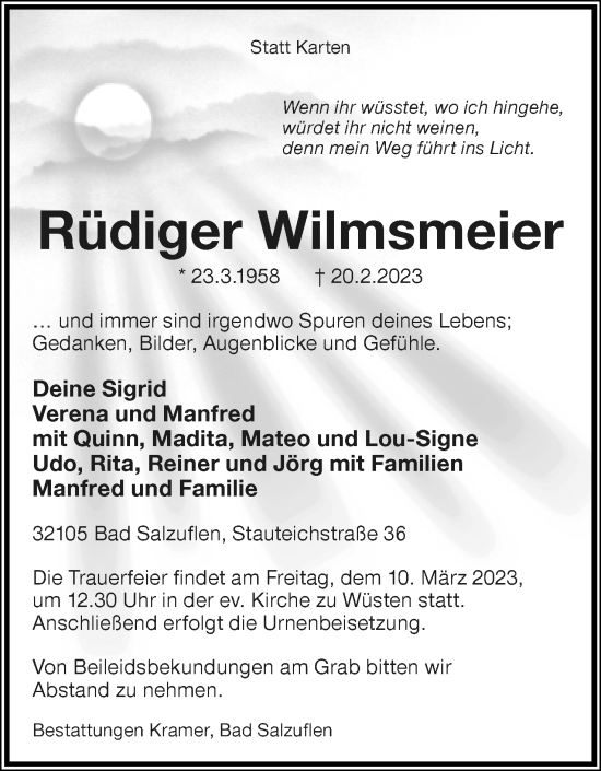 Anzeige  Rüdiger Wilmsmeier  Lippische Landes-Zeitung