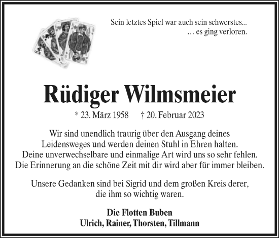 Anzeige  Rüdiger Wilmsmeier  Lippische Landes-Zeitung