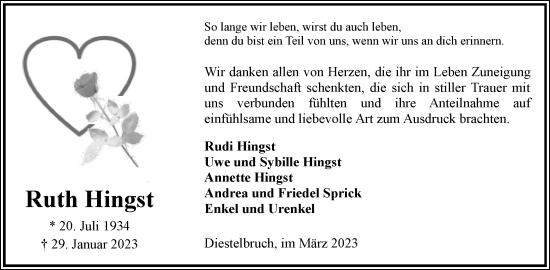 Anzeige  Ruth Hingst  Lippische Landes-Zeitung