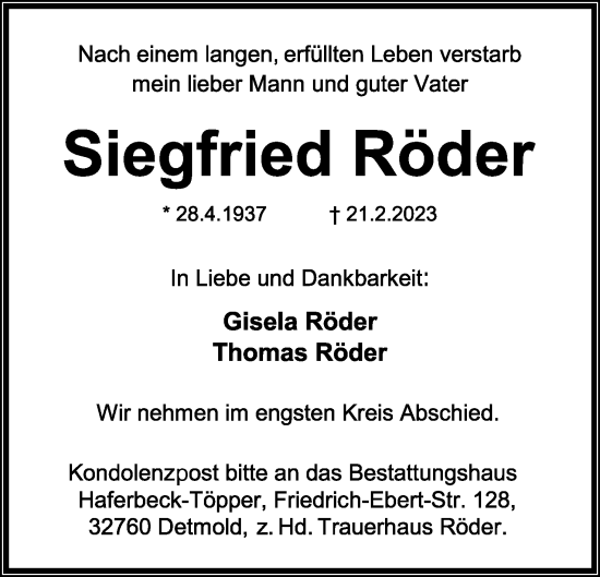 Anzeige  Siegfried Röder  Lippische Landes-Zeitung
