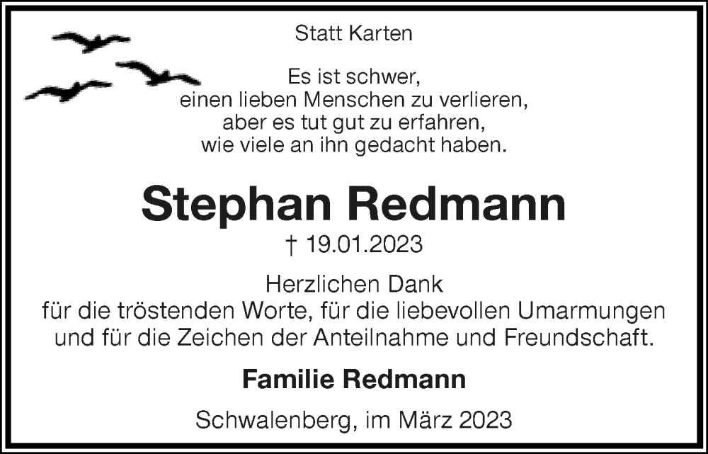  Traueranzeige für Stephan Redmann vom 04.03.2023 aus Lippische Landes-Zeitung