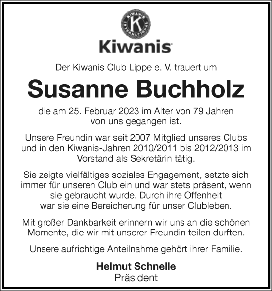 Anzeige  Susanne Buchholz  Lippische Landes-Zeitung