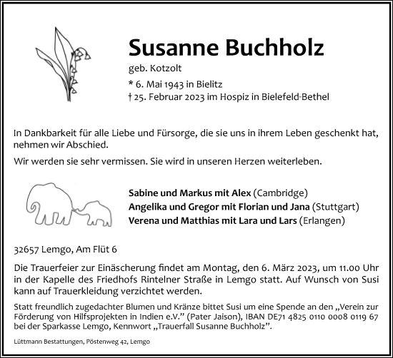 Anzeige  Susanne Buchholz  Lippische Landes-Zeitung