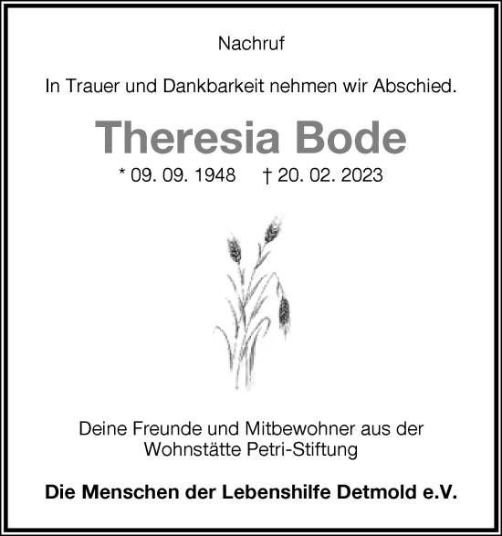 Anzeige  Theresia Bode  Lippische Landes-Zeitung