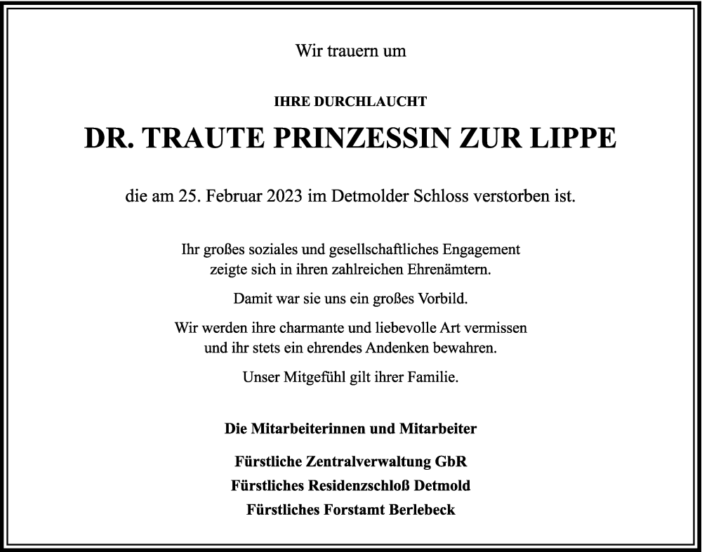  Traueranzeige für Traute Prinzessin zur Lippe vom 04.03.2023 aus Lippische Landes-Zeitung