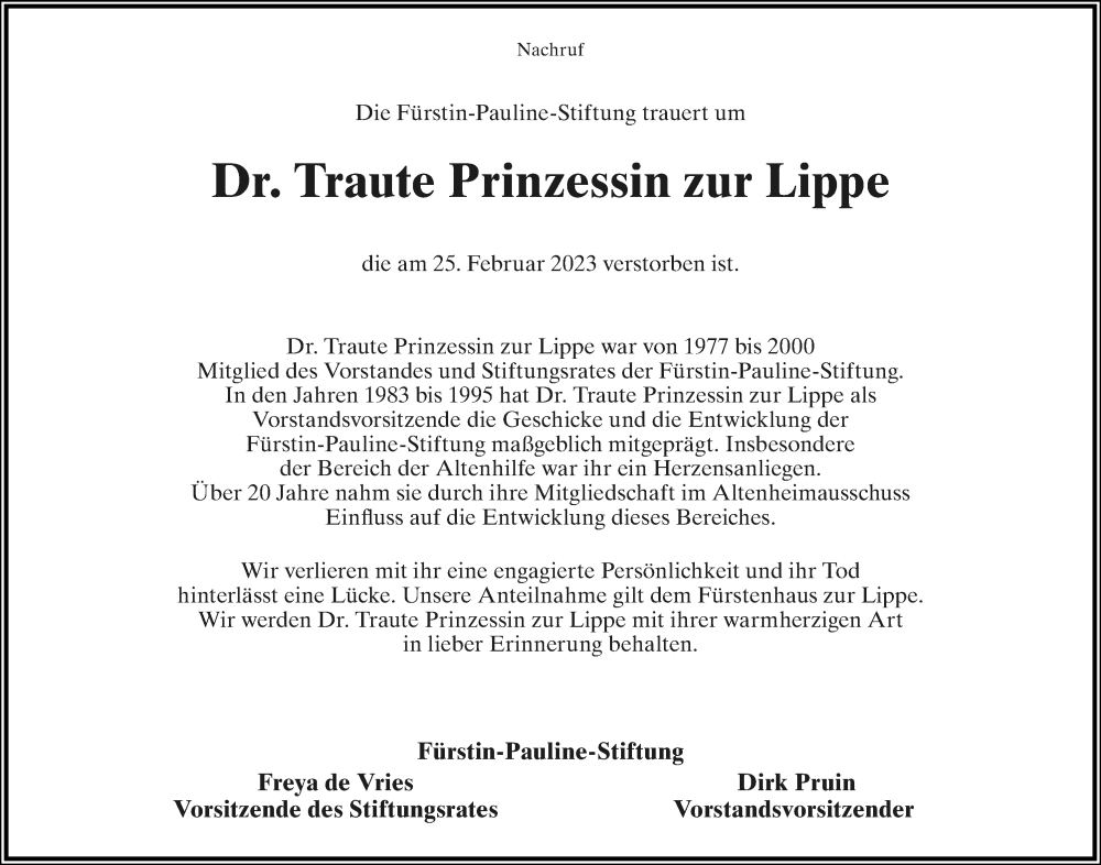  Traueranzeige für Traute Prinzessin zur Lippe vom 04.03.2023 aus Lippische Landes-Zeitung