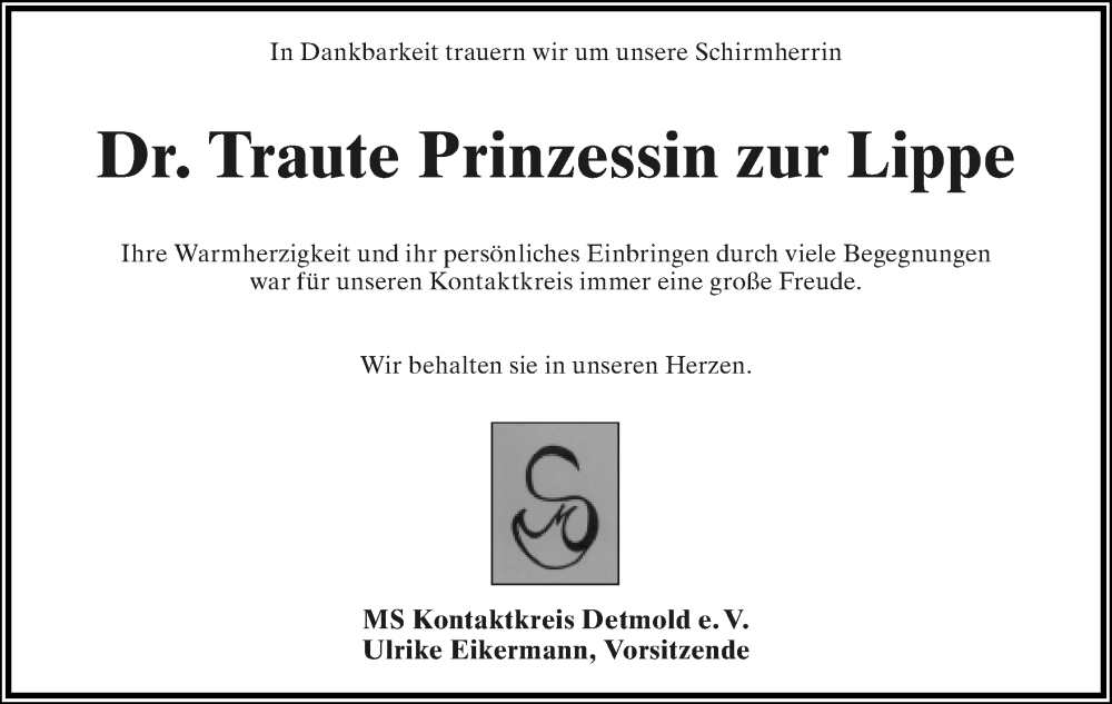  Traueranzeige für Traute Prinzessin zur Lippe vom 04.03.2023 aus Lippische Landes-Zeitung