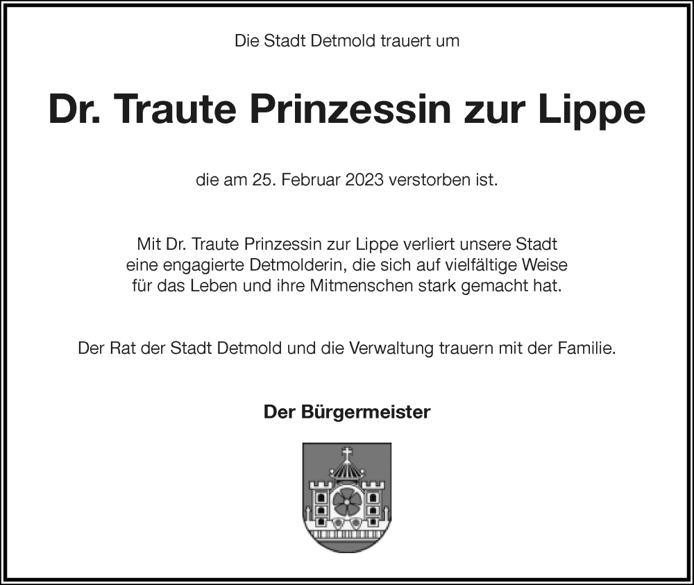  Traueranzeige für Traute Prinzessin zur Lippe vom 10.03.2023 aus Lippische Landes-Zeitung
