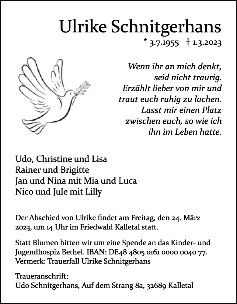  Traueranzeige für Ulrike Schnitgerhans vom 11.03.2023 aus Lippische Landes-Zeitung
