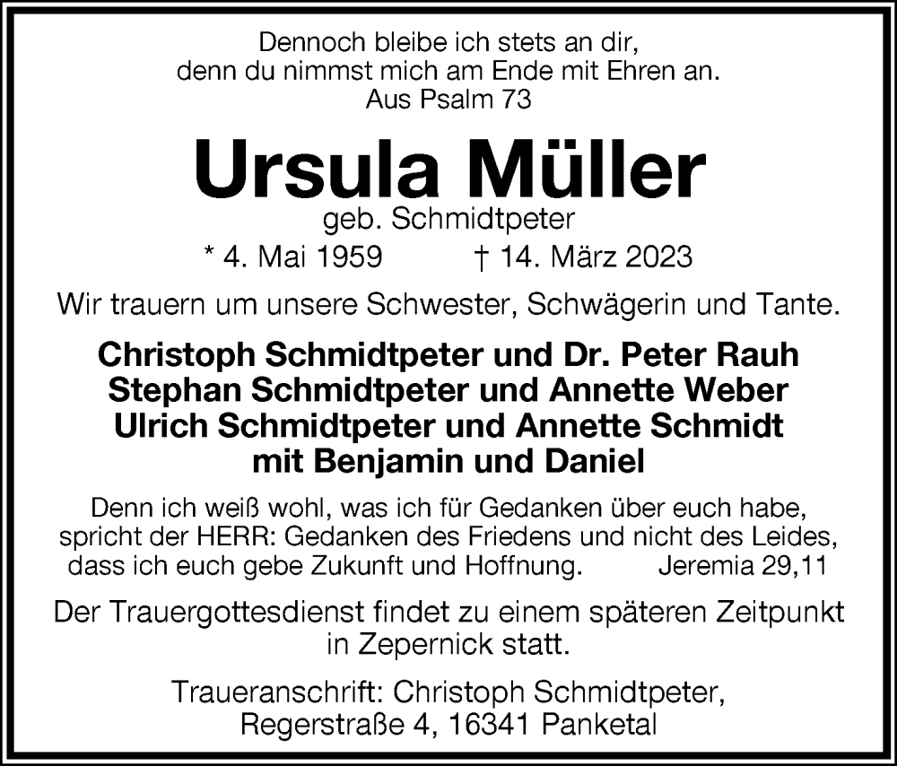  Traueranzeige für Ursula Müller vom 18.03.2023 aus Lippische Landes-Zeitung