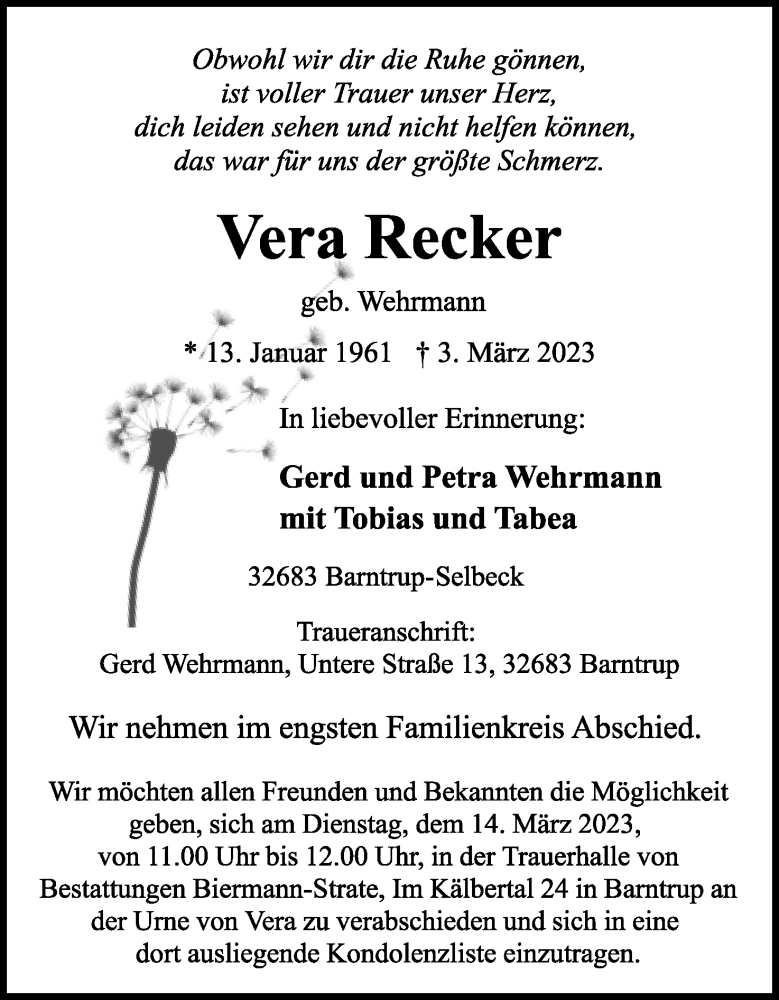  Traueranzeige für Vera Recker vom 11.03.2023 aus Lippische Landes-Zeitung