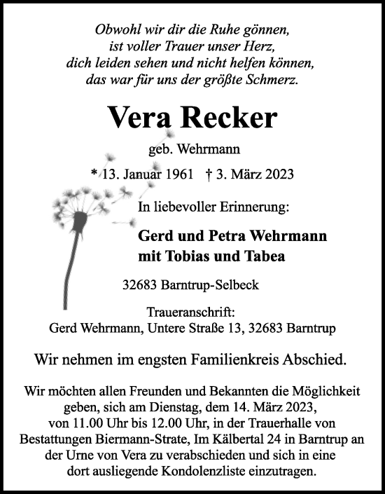 Anzeige  Vera Recker  Lippische Landes-Zeitung
