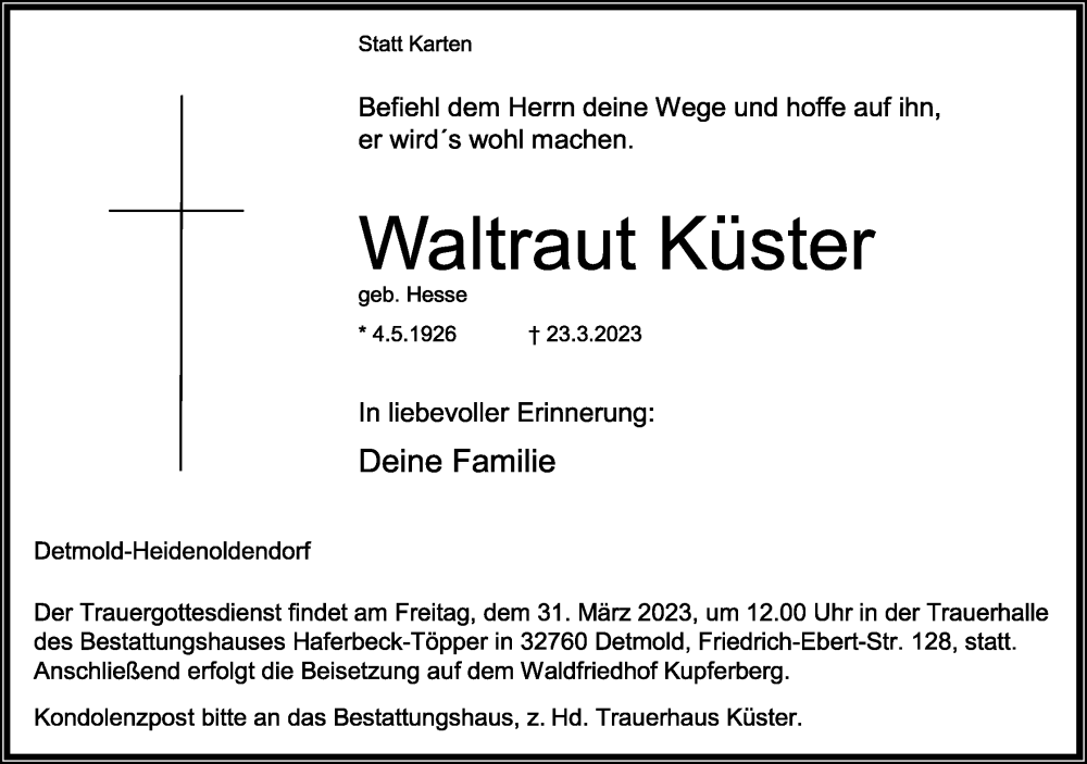  Traueranzeige für Waltraut Küster vom 29.03.2023 aus Lippische Landes-Zeitung