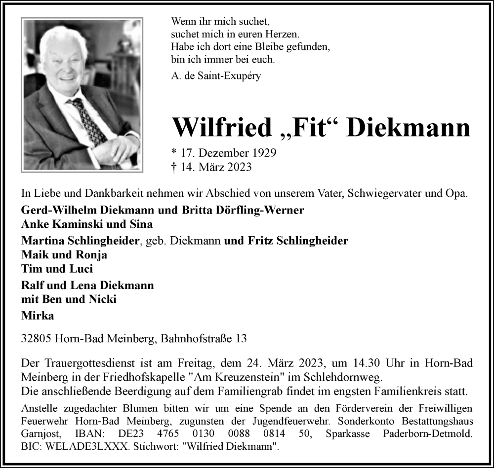  Traueranzeige für Wilfried Diekmann vom 18.03.2023 aus Lippische Landes-Zeitung