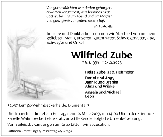 Anzeige  Wilfried Zube  Lippische Landes-Zeitung