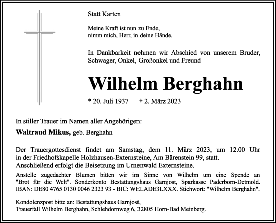 Anzeige  Wilhelm Berghahn  Lippische Landes-Zeitung