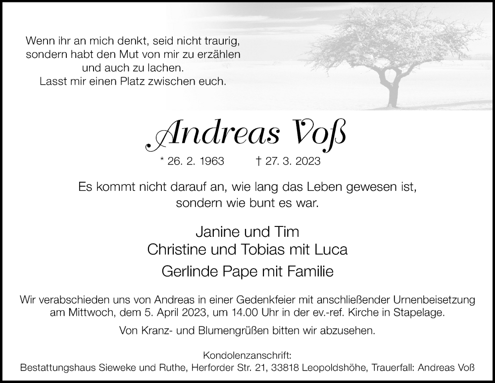  Traueranzeige für Andreas Voß vom 01.04.2023 aus Lippische Landes-Zeitung