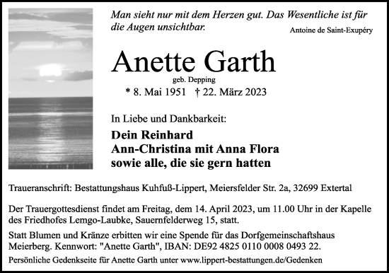 Anzeige  Anette Garth  Lippische Landes-Zeitung