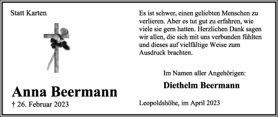Anzeige  Anna Beermann  Lippische Landes-Zeitung