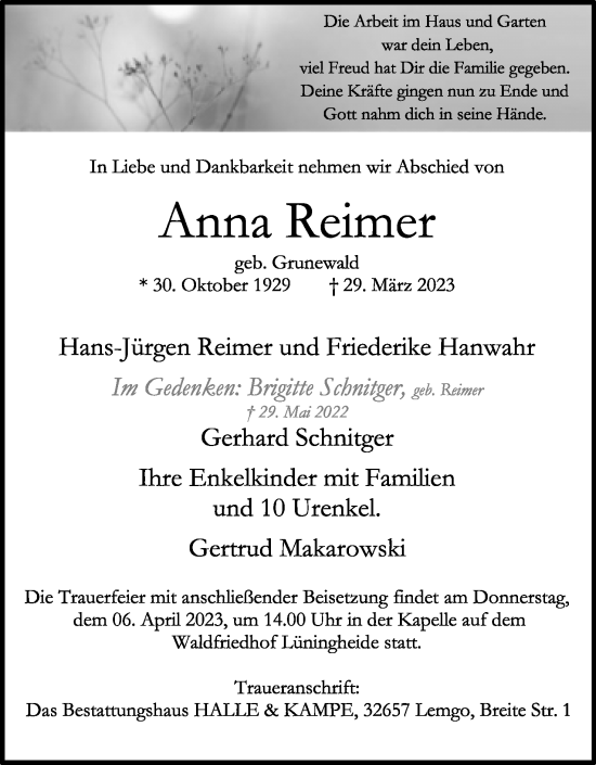 Anzeige  Anna Reimer  Lippische Landes-Zeitung