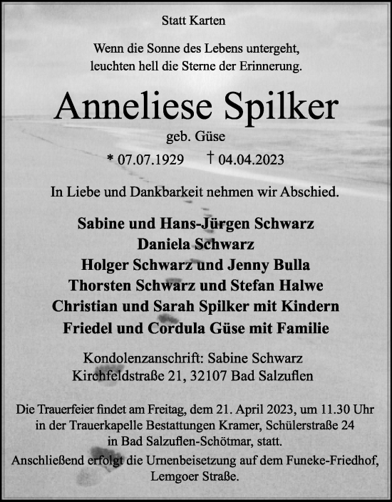 Anzeige  Anneliese Spilker  Lippische Landes-Zeitung