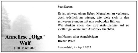 Anzeige  Anneliese  Wolf  Lippische Landes-Zeitung