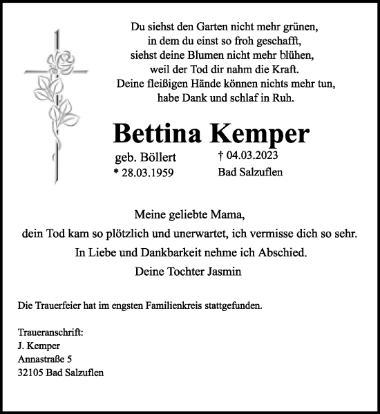 Anzeige  Bettina Kemper  Lippische Landes-Zeitung