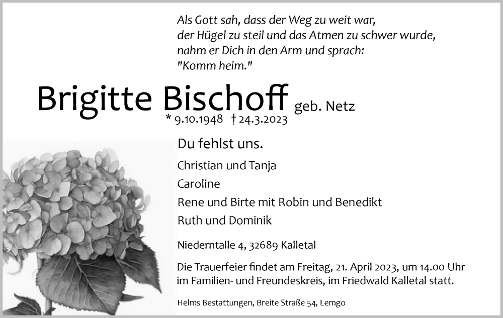  Traueranzeige für Brigitte Bischoff vom 01.04.2023 aus Lippische Landes-Zeitung