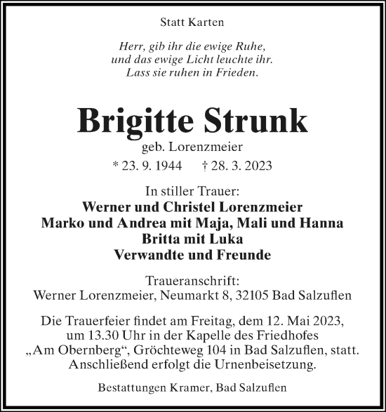 Anzeige  Brigitte Strunk  Lippische Landes-Zeitung