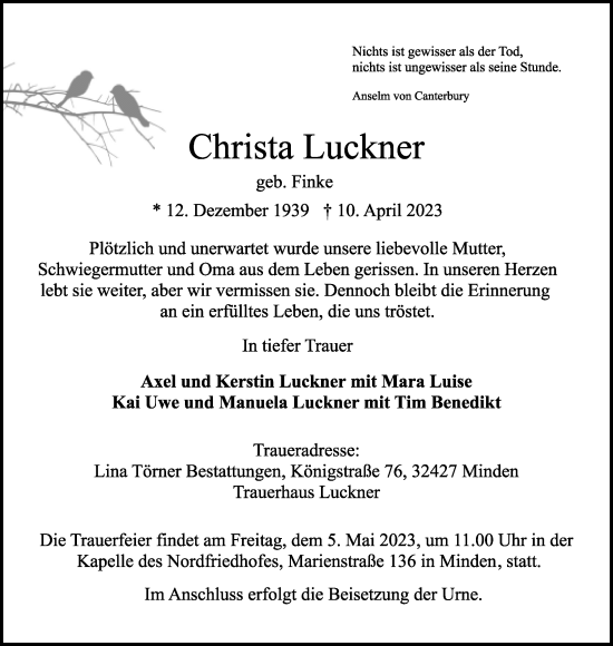 Anzeige  Christa Luckner  Lippische Landes-Zeitung