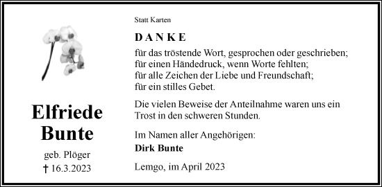 Anzeige  Elfriede Bunte  Lippische Landes-Zeitung