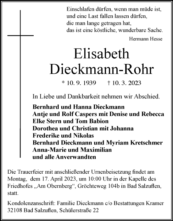 Anzeige  Elisabeth Dieckmann-Rohr  Lippische Landes-Zeitung