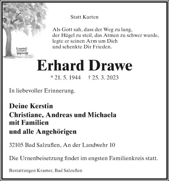 Anzeige  Erhard Drawe  Lippische Landes-Zeitung