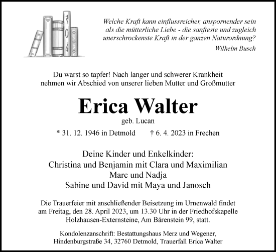 Anzeige  Erica Walter  Lippische Landes-Zeitung