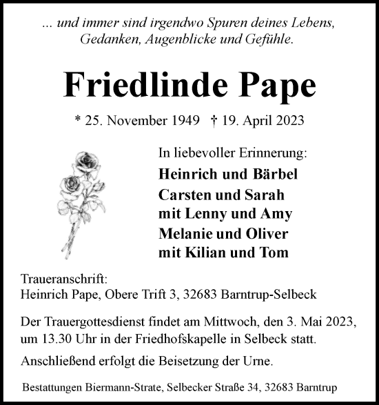 Anzeige  Friedlinde Pape  Lippische Landes-Zeitung