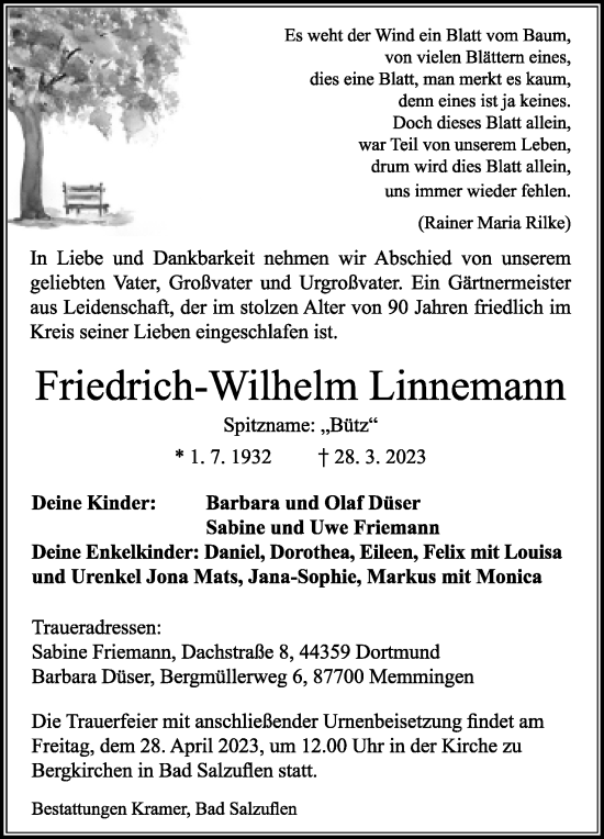 Anzeige  Friedrich-Wilhelm Linnemann  Lippische Landes-Zeitung