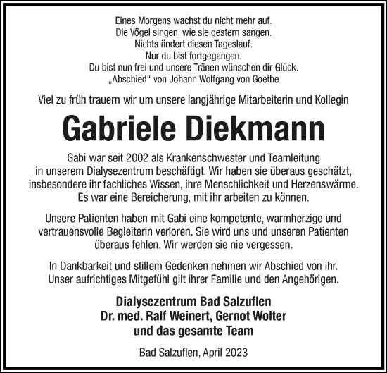 Anzeige  Gabriele Diekmann  Lippische Landes-Zeitung