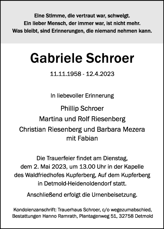 Anzeige  Gabriele Schroer  Lippische Landes-Zeitung