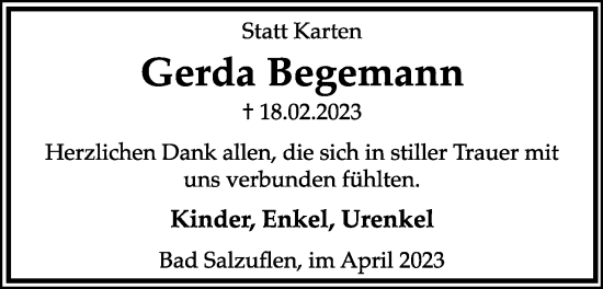 Anzeige  Gerda Begemann  Lippische Landes-Zeitung