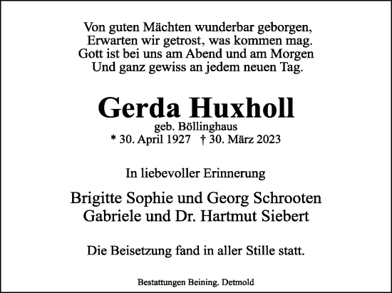 Anzeige  Gerda Huxholl  Lippische Landes-Zeitung